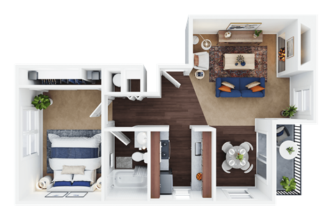 A top-down view of a small apartment with a bedroom, living room, kitchen, and bathroom.